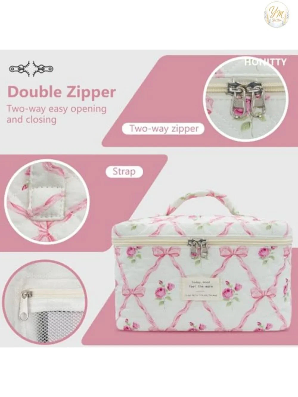 Quilted Cotton Makeup Bag Set with Floral Pattern, 3 Piece Travel Toiletry